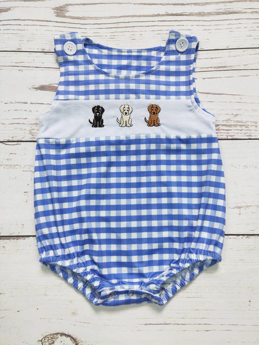 Baby Boy Blue Gingham Dog Applique Romper