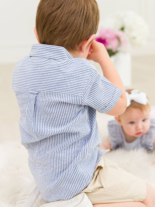 Blue Seersucker Button-Down Shirt