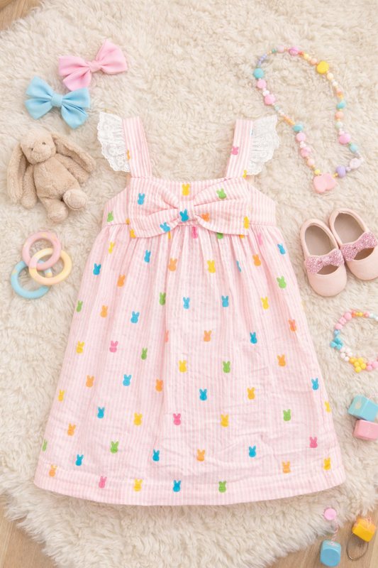 Bunny Stripe Flutter Sleeve Dress